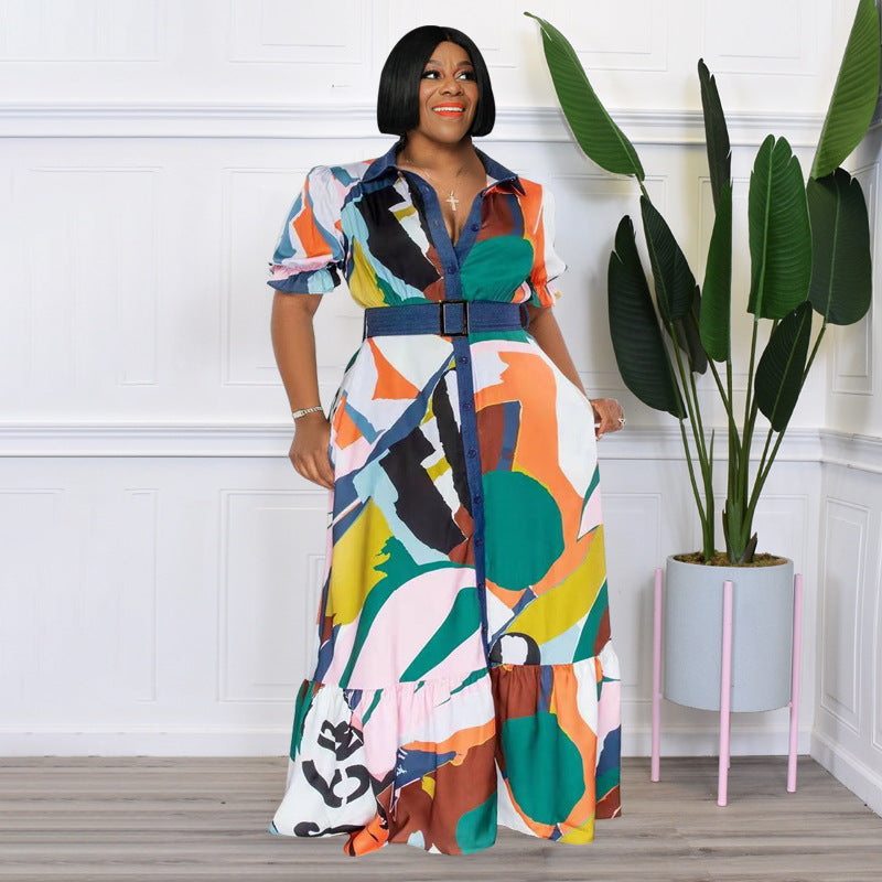 Plus Size Summer Color Printing with Belt Loose Women Clothing Dress