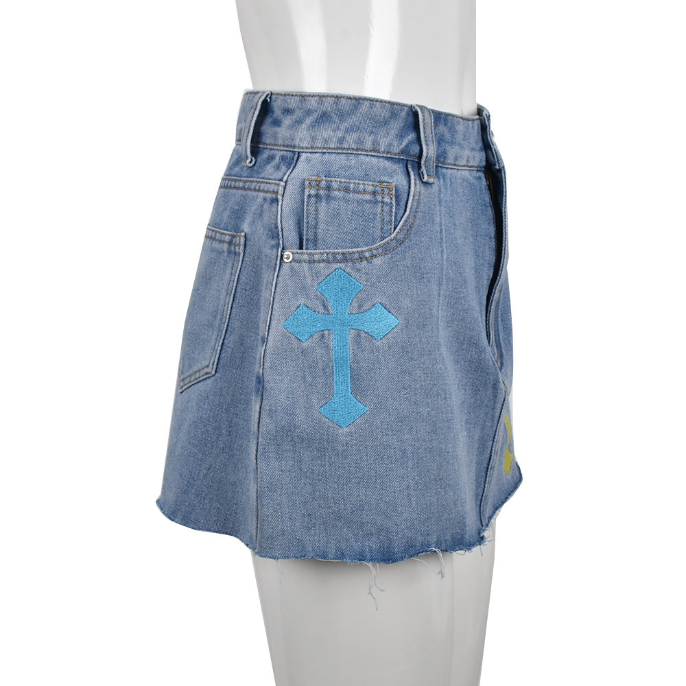 Women Clothing Denim Tassel Criss Cross Stitch Floral Skirt