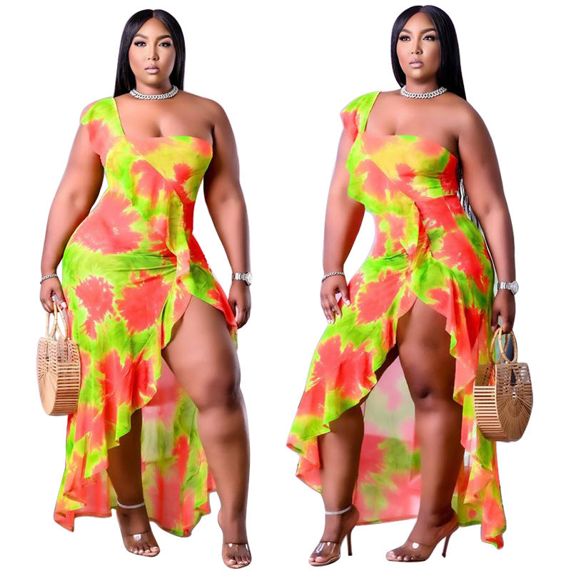 Grande taille femmes vêtements d'été à manches simples irrégulière asymétrique imprimé jupe à volants robe bord