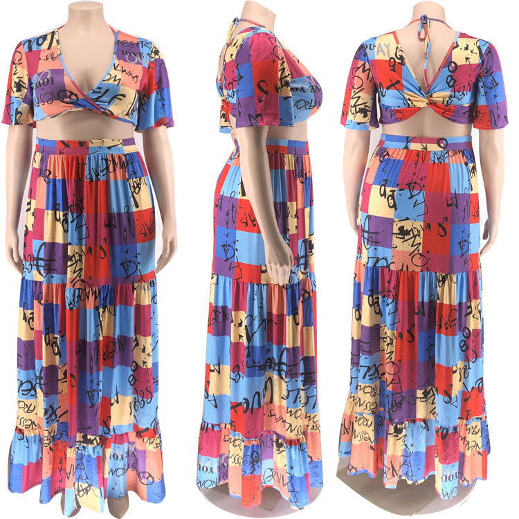 Plus Size Women Clothing Two-Piece Suit Wrapped Chest Vest Swing Skirt