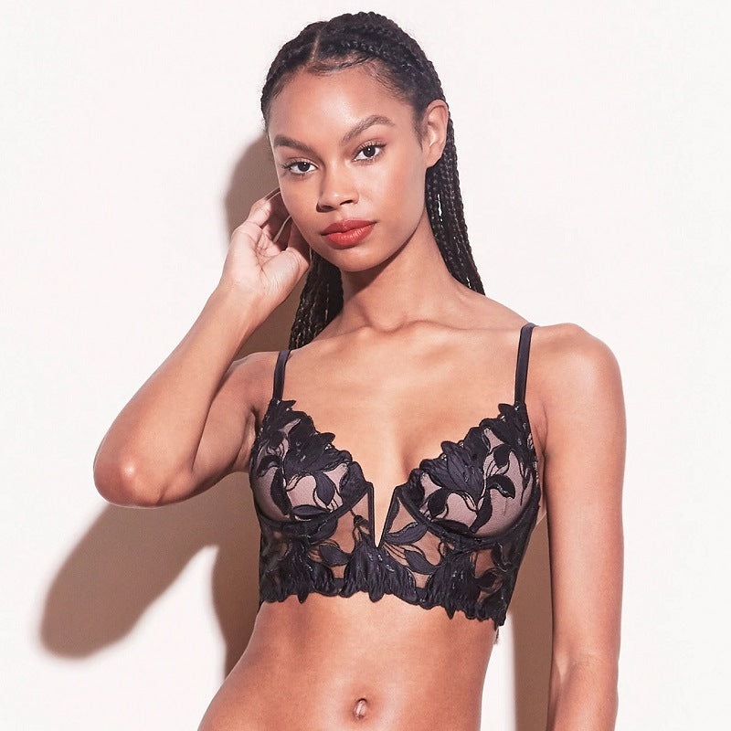 Embroidery Sexy Bra Women Deep V Plunge Plunge Steel Ring Push up Accessary Breast Push up Ultra-Thin Yarn Bra Fleur