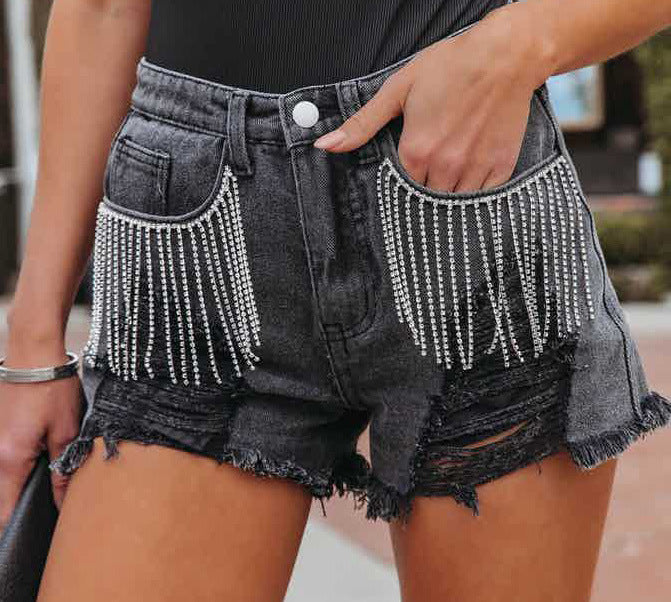Women Clothing Arrival Casual Chain Tassel Ripped Street Denim Shorts