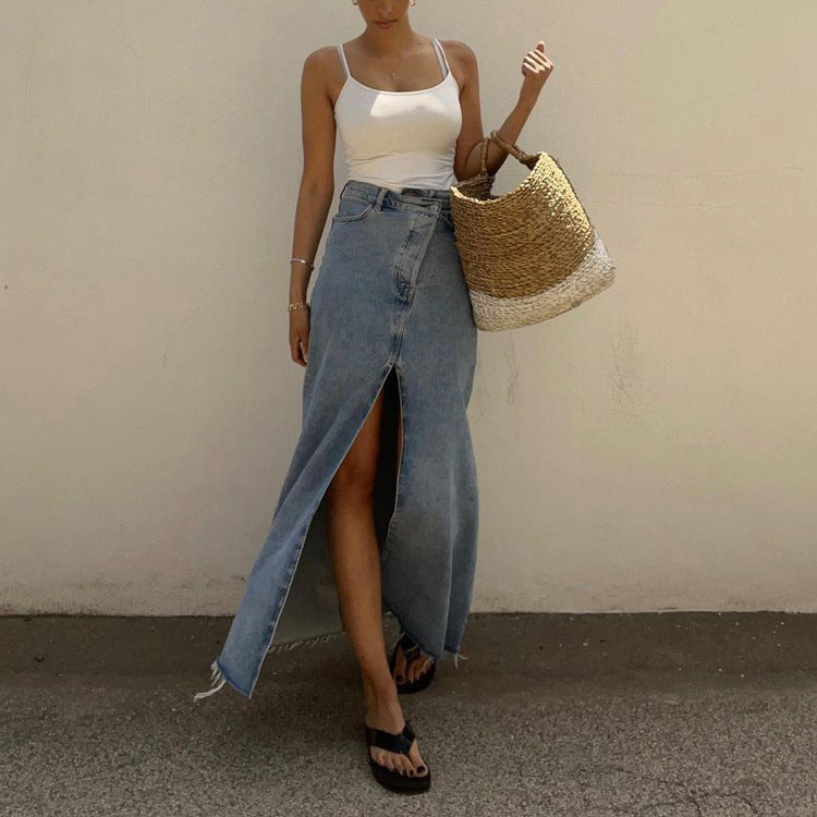 Women Clothing Skirt ong High Waist Slit Vintage Denim Skirt Hip Skirt