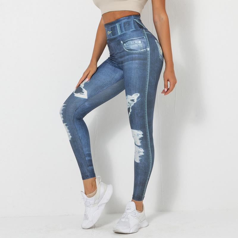 Nouvelle impression numérique Denim bleu serré haute élastique séchage rapide pantalons de yoga sport course pantalons de fitness pour les femmes