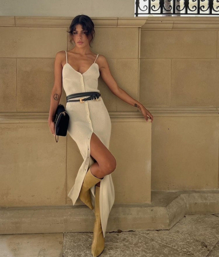 Spring Summer Single-Breasted V-neck Sexy Sling Front Slit Slim Dress