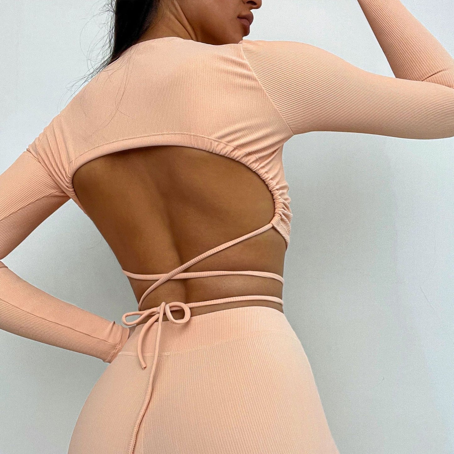 Yoga Clothes Rib Sports Bra Drawstring Long Sleeve Yoga Wear CrissCross Waist Head Yoga Pants Side Open Bell-Bottom Pants