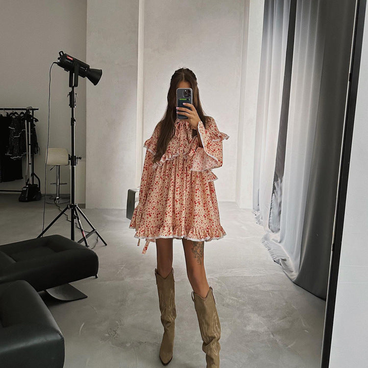 Printed Dress Flared Sleeves Lace up Dress Women