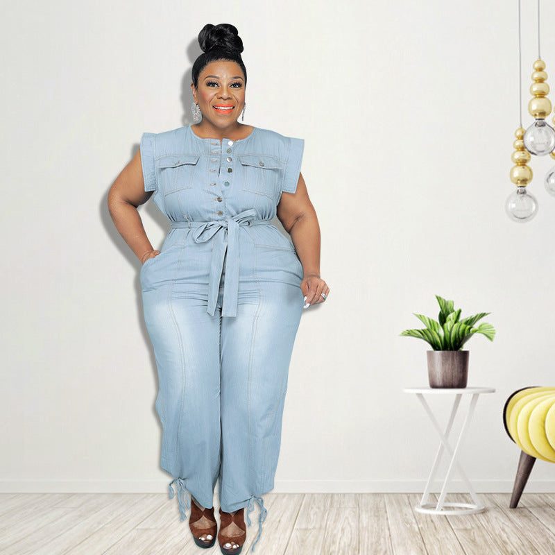 Grande taille femmes vêtements nouveau Denim à manches courtes lavage combinaison pantalon Sexy nouveau