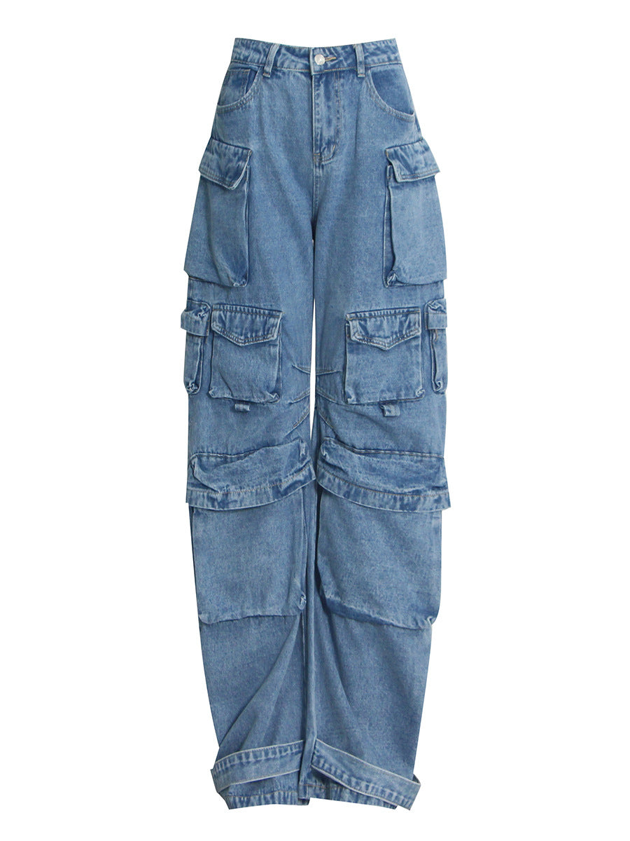 High Waist Large Pocket Loose Casual Wide Leg Pants Women Clothing