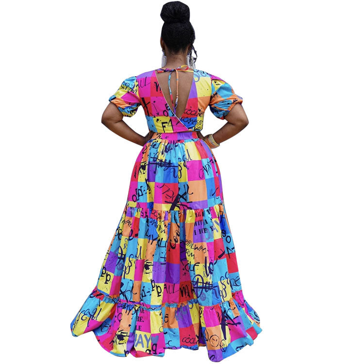 Plus Size Women Clothing Two-Piece Suit Wrapped Chest Vest Swing Skirt
