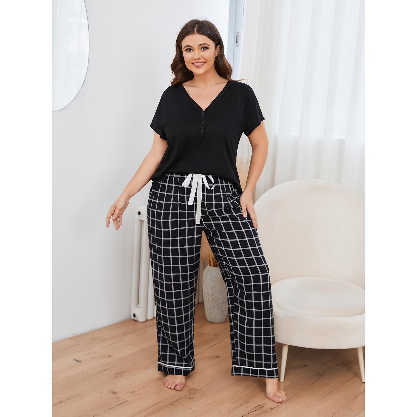 Plus Size Pajamas Women Spring Summer Short Sleeved Trousers Homewear