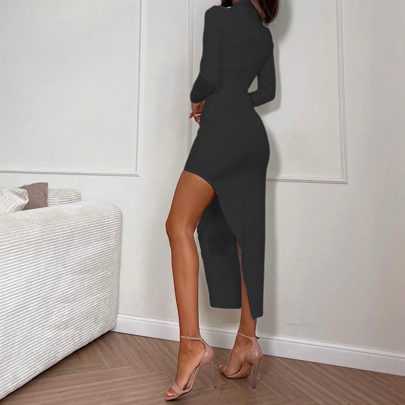 Printemps Femmes Vêtements Col Haut Manches Longues Sexy Haute Split Gaine Robe Mi-Longueur