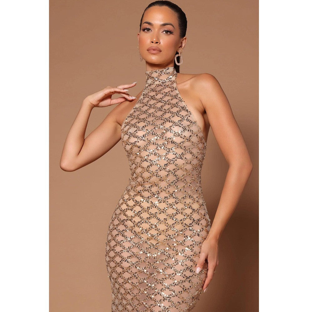 Sexy Backless Nightclub Party Formal Dress Rhinestone Sequined Transparent Dress