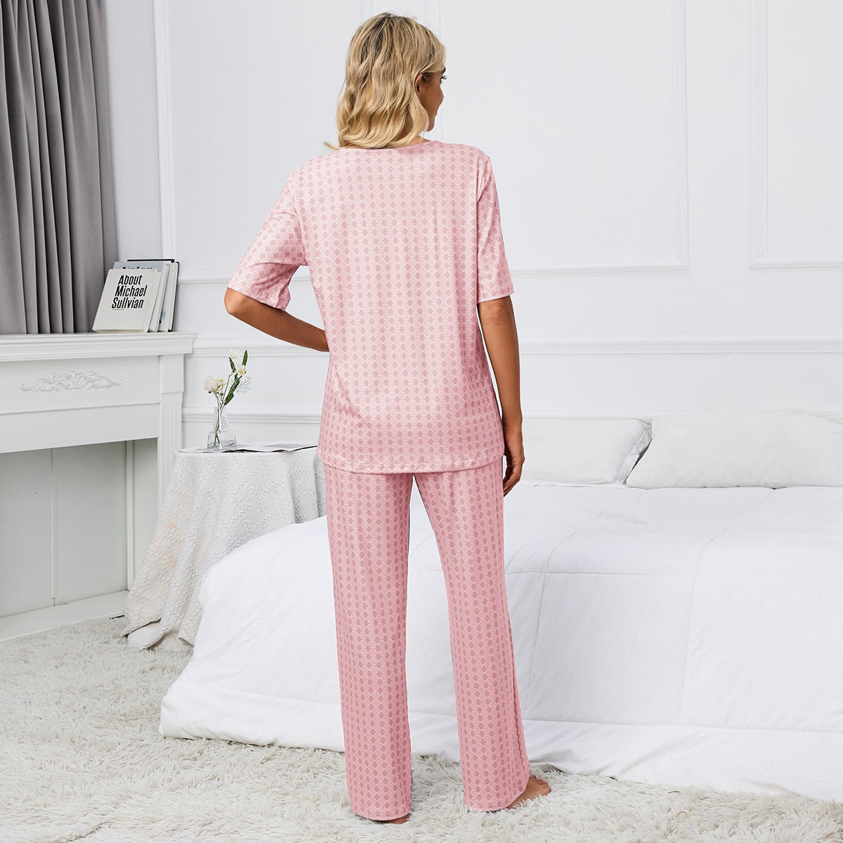 Haut imprimé à manches courtes et col rond Pantalon de costume Pyjama Homewear