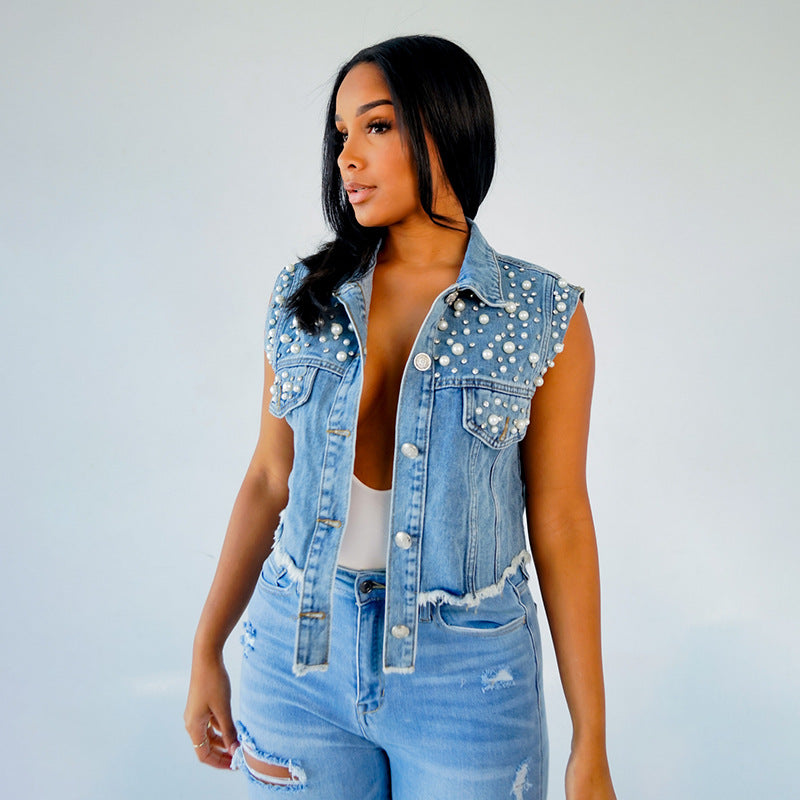 Sexy Denim Vest Femmes D'été À La Mode Perles Denim Top