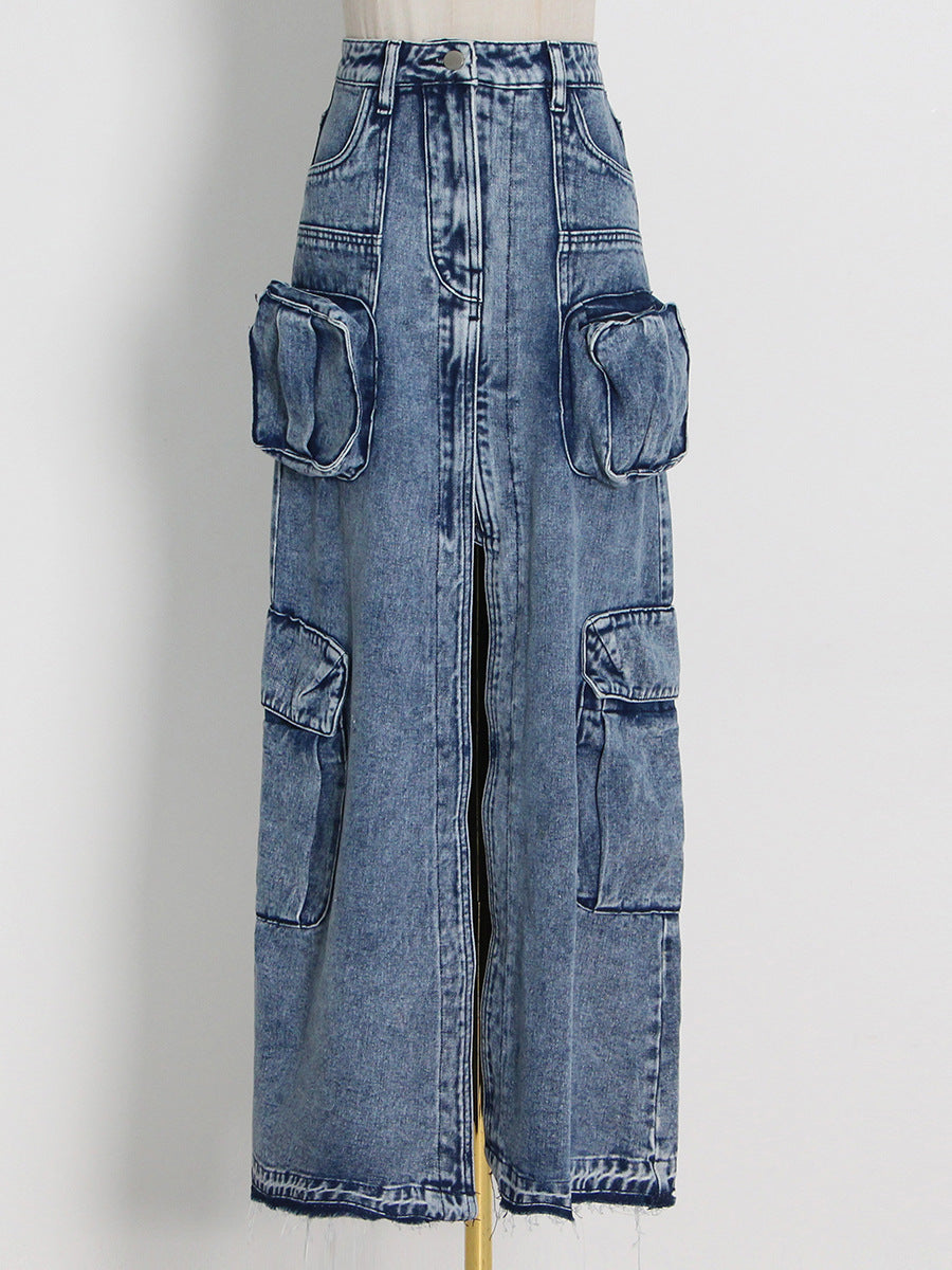 Hipsters High Street taille haute longue droite devant fente conception Denim couleur unie femmes jupe