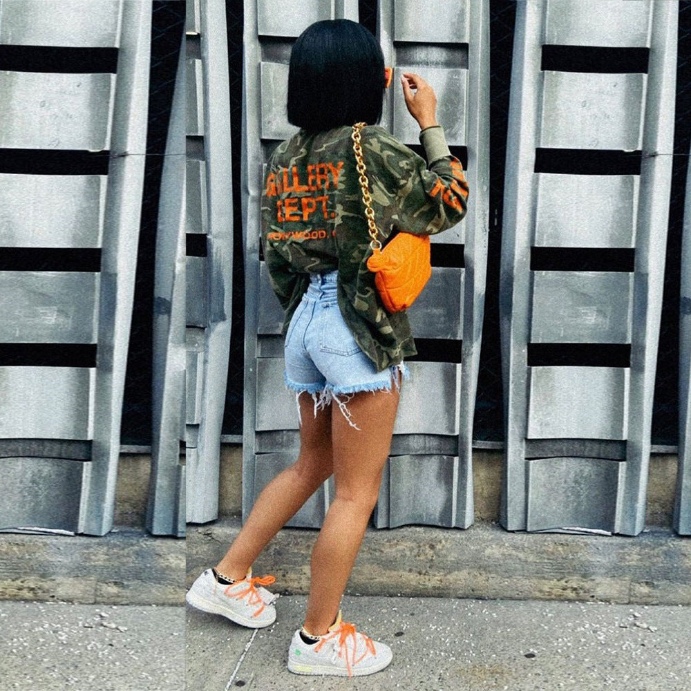 Nazada Clothing Camouflage Adhesive Cement Sexy Hollow Out Cutout Long Sleeved Street Top Women Clothing
