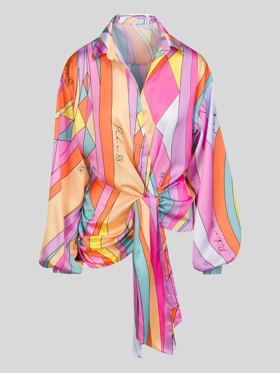Plus Size Loose Long Sleeve Printed Shirt Top