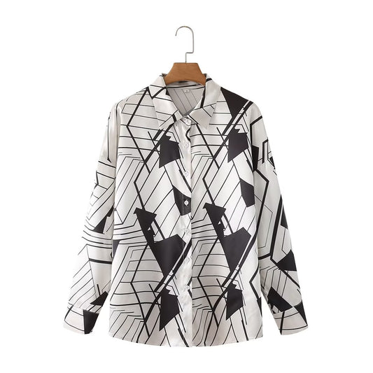 Simple Autumn Women Chic Contrast Color Geometric Abstract Pattern Mid Length Collared Long Sleeve Shirt