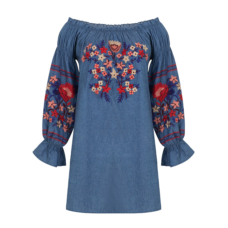 Women Spring and Summer New Bohemian Denim Cotton Embroidered Shoulder Dress