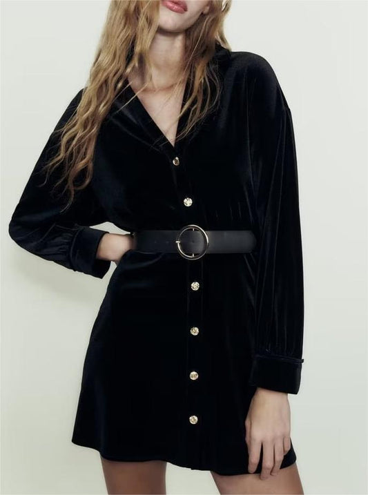 Autumn Winter French Long Sleeve V neck Slimming Waist Velvet Shirt Dress