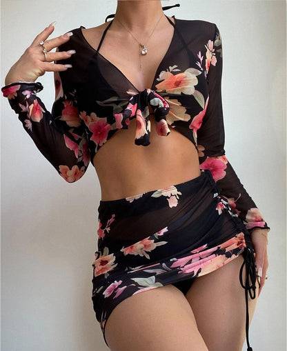 Four Piece Swimsuit Sexy Split Printed Mesh Long Sleeve Swimsuit High Profile Figure