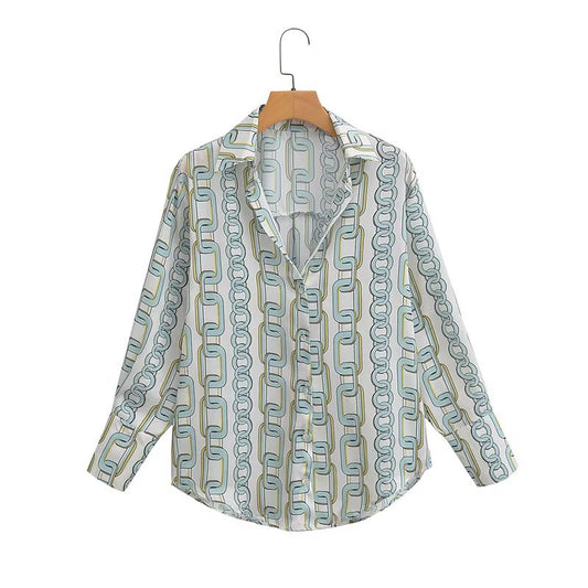Street Chain Printing Decoration Shirt Polo Collar Top Spring Long Sleeve Loose Comfortable Top