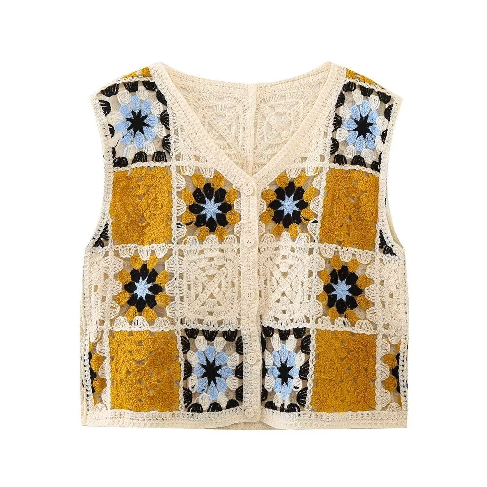 Rétro couleur assortie Plaid Floral découpe main crochet tricoté gilet été col en V vêtements d'extérieur un manteau à boutonnage