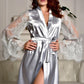 Sexy Lingerie Lace See-through Long Sleeve Imitation Ice Silk Robe