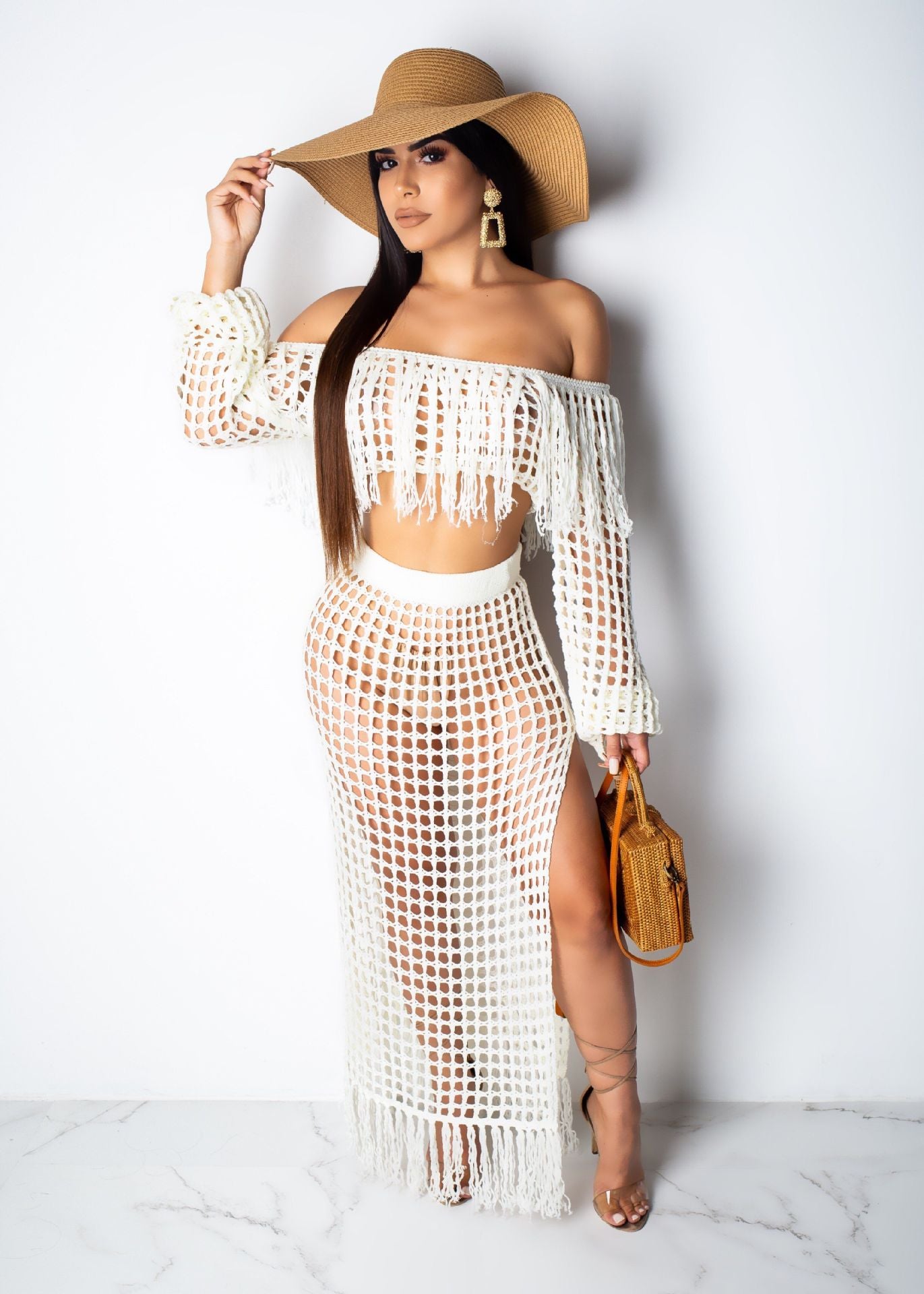 Women Clothing Casual Mesh Tassel Beach Skirt Two Piece Set