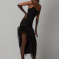 Summer High Waist Feather Split Sleeveless Tube Top Midi Dress Sexy Sweet Dress