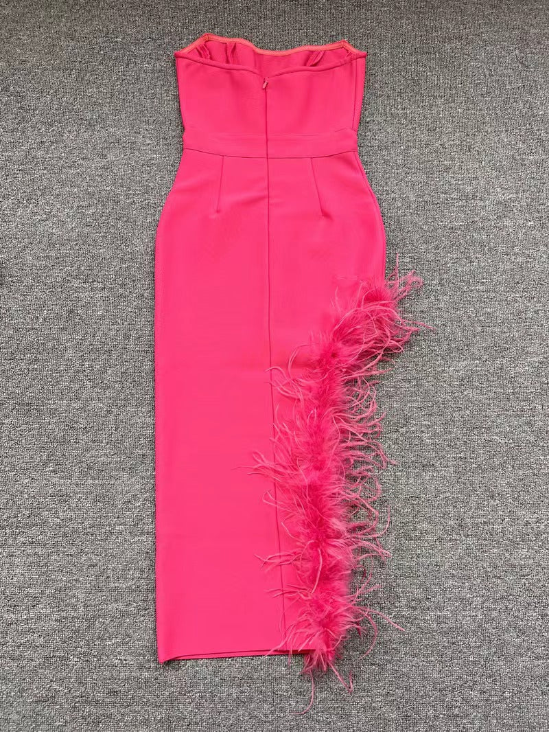 Summer High Waist Feather Split Sleeveless Tube Top Midi Dress Sexy Sweet Dress