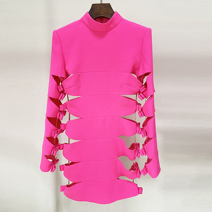 Star Sexy Personalized Hollow Out Cutout Bow Long Sleeve Dress Fluorescent Powder