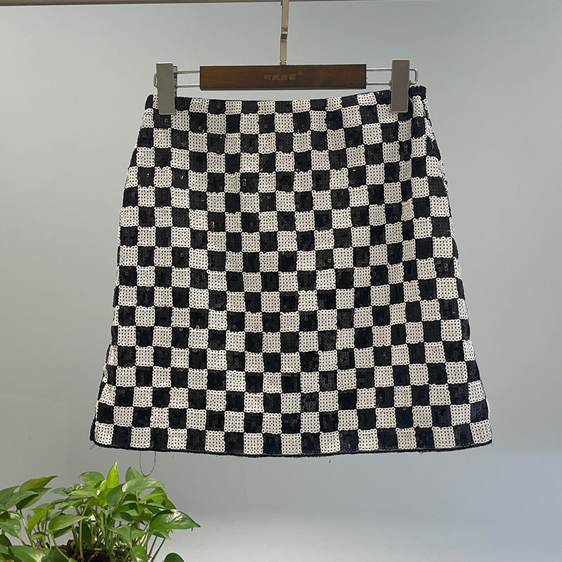Sequined sets Top Half Length Plaid Skirt Slim Women Clothing Performance Wear