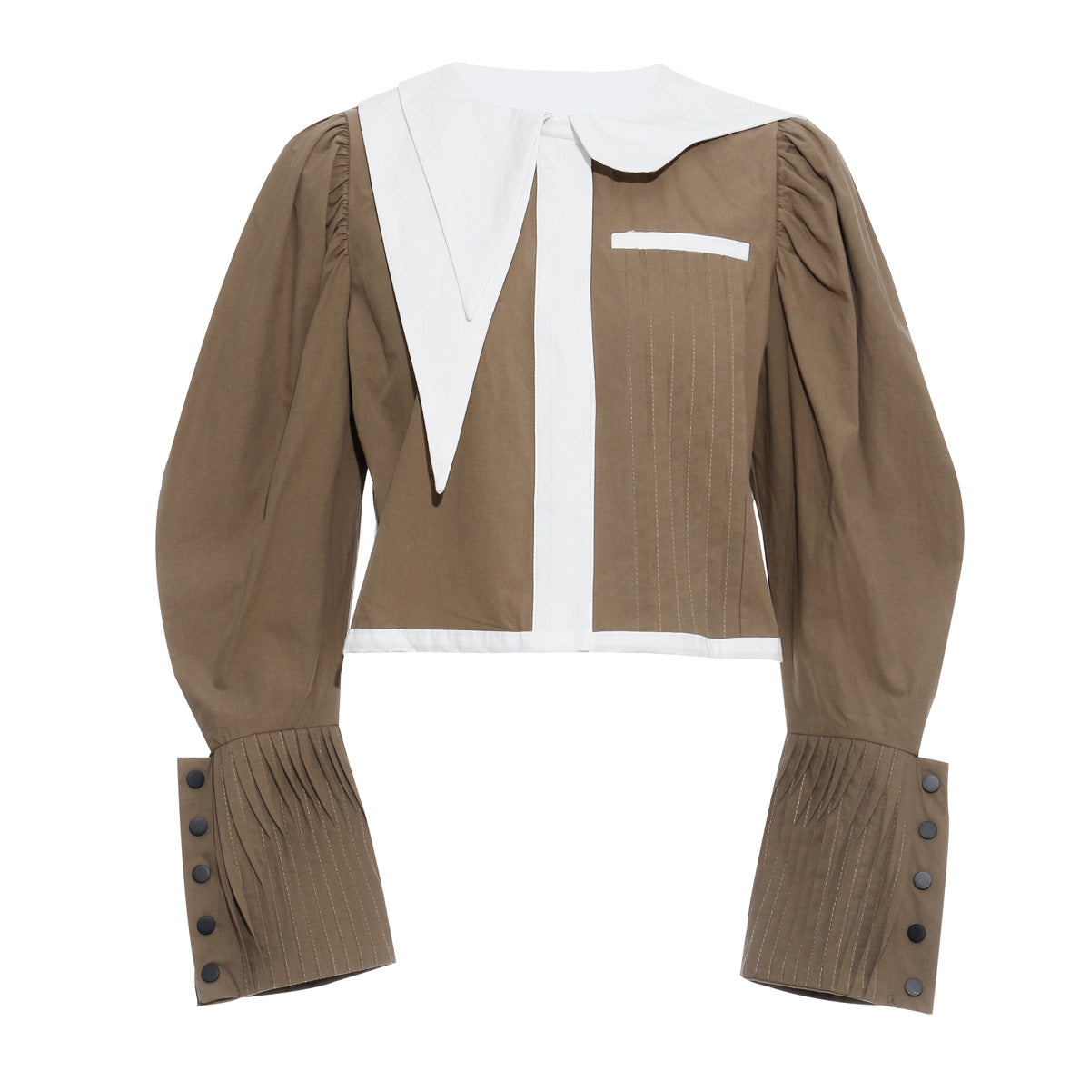 Veste-chemise courte à manches Gigot avec col à effet de couleur asymétrique et motif minoritaire français