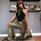 Elastic High Waist Leopard-print Bell-bottom Pants Women Long Women Clothing