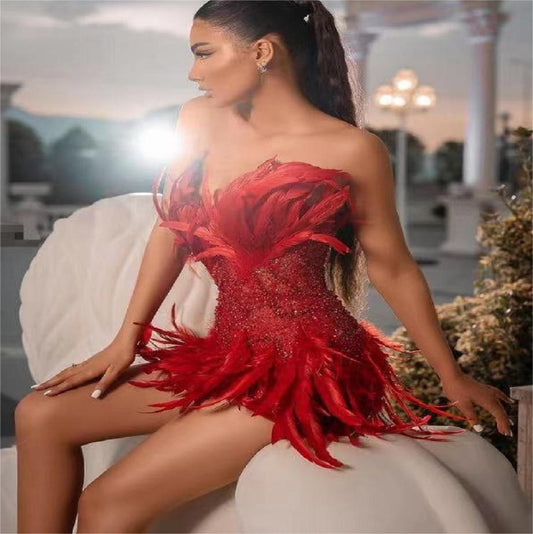 Sexy Women Clothing Red Feather Tube Top Luxury Short Dress Stage Performance Nightclub Cocktail