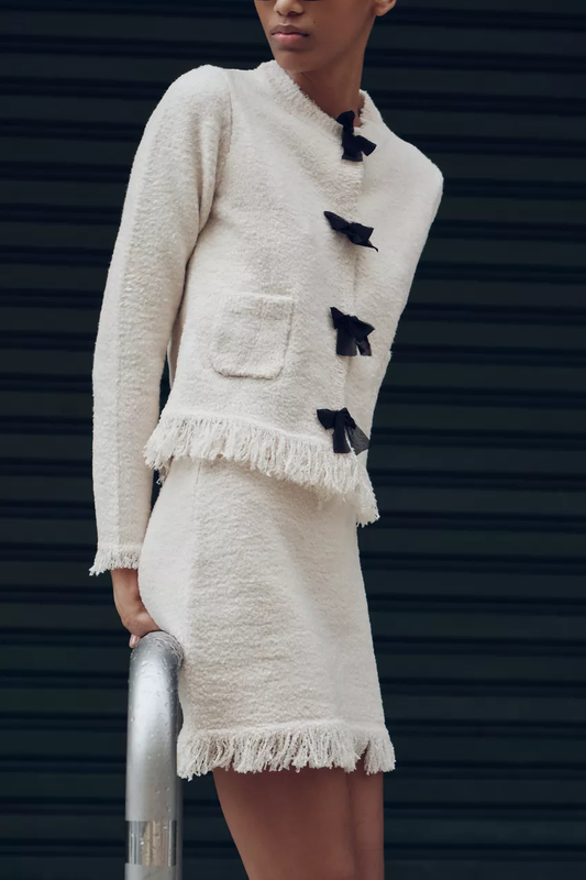 Women Clothing Autumn Classic Bowknot Decoration Knitted Coat Skirt Outfit