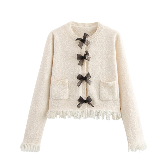 Women Clothing Autumn Classic Bowknot Decoration Knitted Coat Skirt Outfit