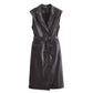 Women Clothing Winter Street Sleeveless Belt Faux Leather Trench Coat Dress