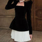 Women Clothing Autumn Winter Lantern Sleeve Square Collar Top Pleated Skirt