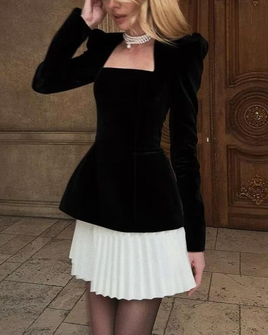 Women Clothing Autumn Winter Lantern Sleeve Square Collar Top Pleated Skirt
