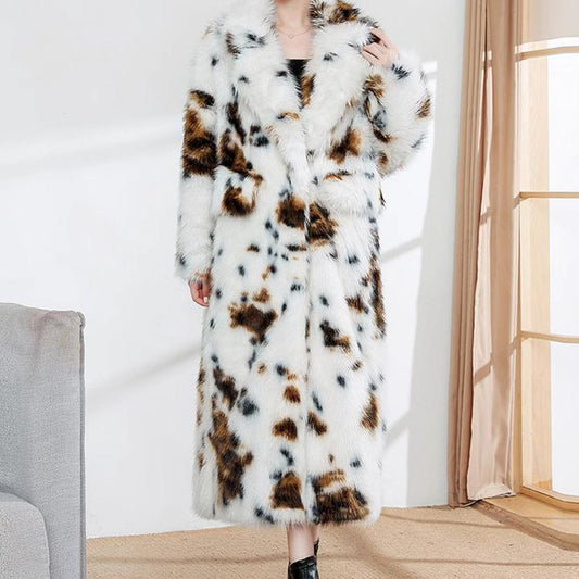 Women Leopard Print Faux Fur Coat Fox Fur Long Cut Coat Loose Printed Plush Wool Belt Trench Coat