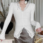 Design Neckline Hem Stitching Lace V neck Micro Pull Long Sleeve Pure Top