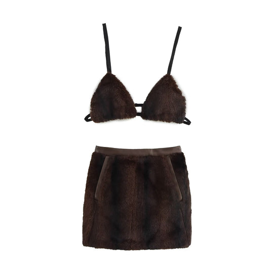 Women Solid Artificial Fur Effect Top Skirt Set