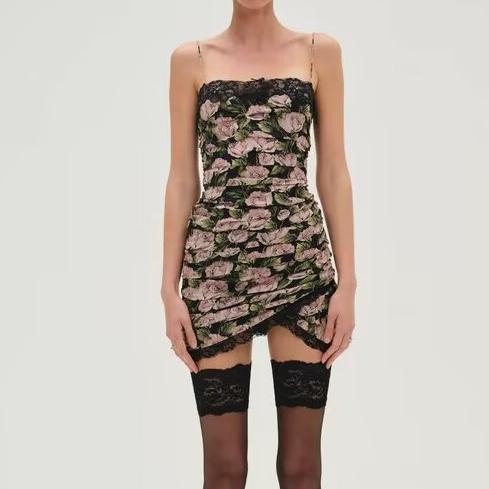 Summer Women Sexy Lace Rose Printed Cami Dress Irregular Asymmetric Casual Dress