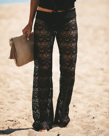 Lace Hollow Out Cutout Beach Trousers Hole Floral Slightly Flared Sun-Proof Trousers