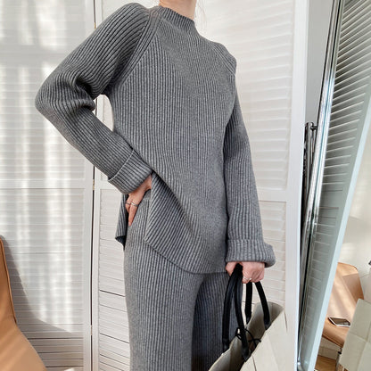 Autumn Winter Fashionable with Side Slit Sweater Suit Thickened Knitting Wide Leg Pants Two Piece Set Female