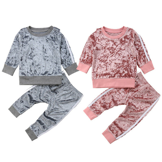 Winter Velvet Kids Baby Girls Clothes Sets Solid Long Sleeve T-shirt Tops + Pants 2PCS Outfit Sets