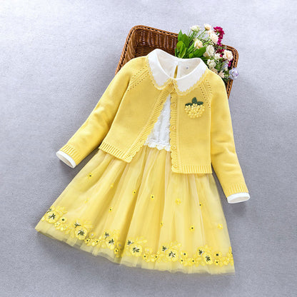 Elegant Girls clothing set new spring autumn Kids princess coat+dress 2Pcs suit for girl party children clothes